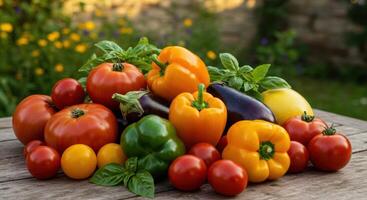 Vibrant Garden Vegetables A Rustic Still Life of Tomatoes, Peppers, and Eggplant photo