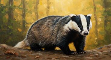Captivating Badger Portrait Against a Lush Autumn Forest Background photo