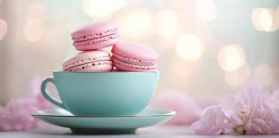 Pastel macarons arranged beside an elegant teacup, creating charming and romantic tea party setting. Food photography concept photo