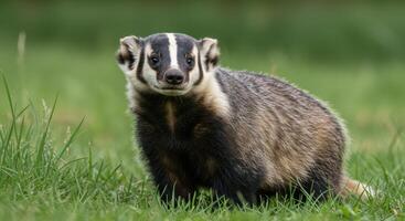 Curious American Badger Approaching Camera While Standing on Green Grass Field photo