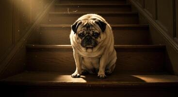 Pug Sitting on Wooden Stairs photo