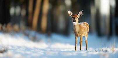 Noble deer stands in the snow, surrounded by frosty trees, conveying the tranquility and magic of a Christmas landscape. Holiday and nature concept photo