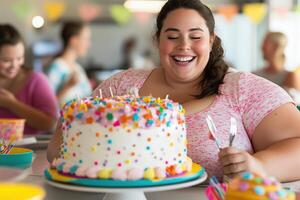 Plus-size Woman Joyful Birthday Celebration with a Colorful Cake photo