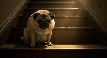 Pug Sitting on Wooden Staircase photo