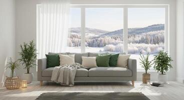 Living Room with Gray Sofa, Pillows, and Winter View photo