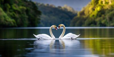 Two Swans Forming a Heart on a Serene Lake, Nature's Romantic Embrace Reflected in Still Waters photo