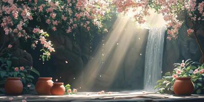 A serene garden scene featuring a gentle waterfall cascading through flowering trees, illuminated by soft sunbeams. Nature relaxation and zen garden concept photo