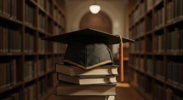 Graduation Cap Atop Books in Serene Library photo