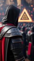 A hooded figure in ornate armor stands before a glowing triangular structure, a scene of mystery and power in a fantasy setting. The red cloak contrasts against the dark armor. photo