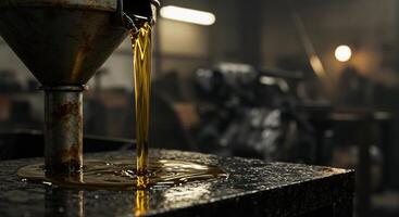 Oil Pouring Through Funnel on Workbench in Workshop photo