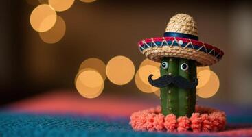 Funny cactus wearing sombrero and mustache for Cinco de Mayo celebration photo