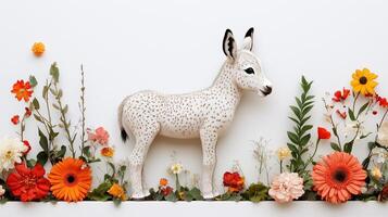 Adorable Spotted Donkey Figurine Amidst Vibrant Spring Flowers in a Delicate Still Life Composition photo