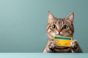 Adorable Tabby Cat Holding Credit Card in Paws, A Cute and Humorous Financial Concept Image. Copy space photo
