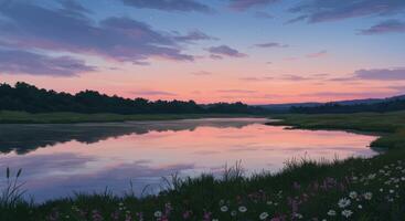 Lake at Sunset with Reflection and Flowers photo