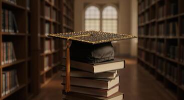 Graduation Cap Atop Books in a Classic Library Elegant and Scholarly photo
