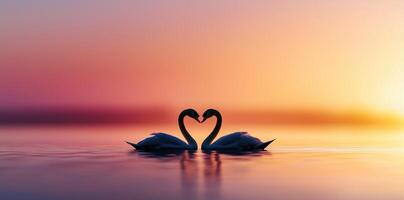 Romantic Swans Forming a Heart Shape at Sunset, a Serene and Peaceful Lake Scene photo
