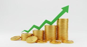 Investment growth chart with rising arrow and stacked golden coins photo