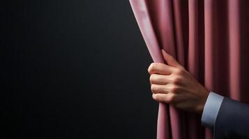 Hand in business suit pulls back pink curtain against dark background, sense of anticipation and mystery. Business concept photo