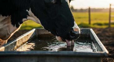 Holstein Cow Quenches Thirst Rustic Farm Scene at Sunset photo