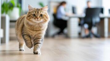 Adorable Fluffy Cat Strolling Through Busy Office Environment, a Whimsical Blend of Domesticity and Corporate Life photo