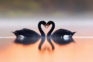 Two Black Swans Forming a Heart Shape on a Calm Lake at Sunrise photo