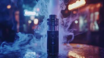 Vaporizer E-cigarette Device in Smoky Night Atmosphere, Neon Lights Background photo