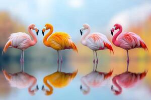 Surreal scene of rainbow flamingos in a dreamlike landscape filled with vibrant colors and whimsical elements. Fantasy art concept photo