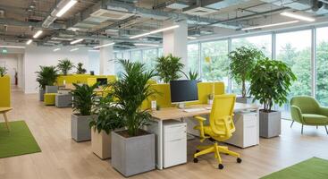Modern and Lively Office Space with Green Plants and Bright Yellow Furniture photo