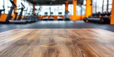 Empty wooden table against blurred gym background, creating ideal setting for displaying fitness products or supplements. Fitness concept photo