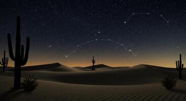 Night desert landscape with starry sky and cactus silhouettes view photo