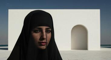 Veiled Woman A Serene Portrait Against Minimalist Architecture photo
