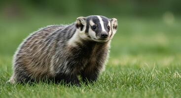 Curious American Badger Exploring the Lush Green Grass in Nature photo