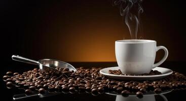 Steaming coffee cup with scoop and roasted beans for a morning beverage photo