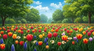 Vibrant tulip field with trees and butterflies under a sunny blue sky photo