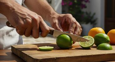 Limes Sliced on Rustic Wood A Sunny, Vibrant Kitchen Scene photo