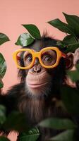 A Curious Chimpanzee Wearing Glasses Amidst Lush Greenery, a Playful Portrait Against a Peach Background photo