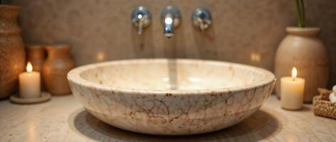 Elegant bathroom sink with marble texture and candlelight photo