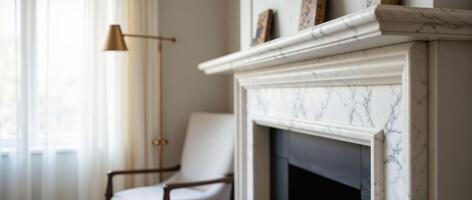 Elegant marble fireplace, cozy chair and lamp in room photo