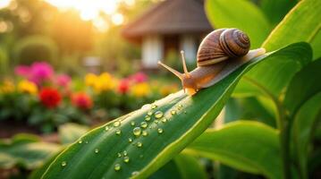 Snail Crawling on Wet Leaf at Sunset in Garden photo