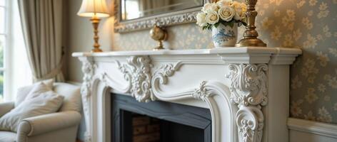 Classical White Marble Fireplace Detail in Elegant Living Room photo