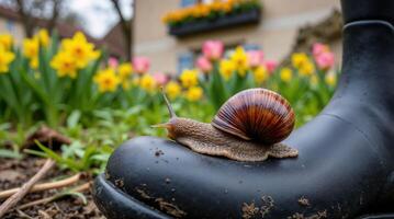 Curious Snail Explores Black Boot Amidst Spring Flowers photo