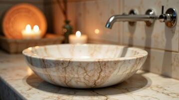 Elegant marble bathroom sink with soft candlelight ambiance photo