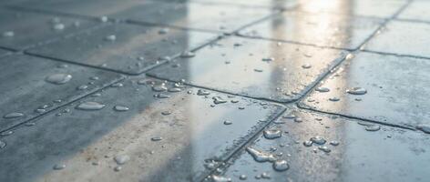 Wet ceramic tiles with water drops and morning light photo