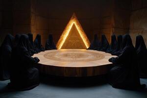 Mysterious cloaked figures gathered in a dark chamber for an ancient ritual ceremony. Occult secret society concept photo
