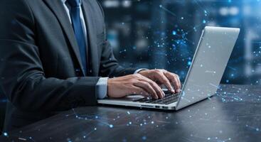 Businessman typing on laptop with digital network overlay concept photo