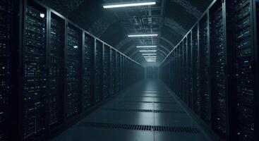 Cyberpunk Server Room Dark, Glowing Data Center Corridor photo