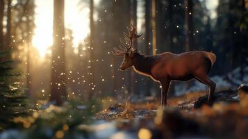 Majestic deer standing in snowy forest at sunset, illuminated by gentle sunbeams. Perfect for winter and holiday themes photo