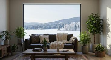 Living Room with View on a Winter Landscape photo