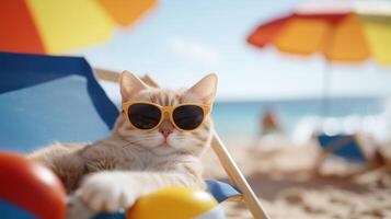 Cool Cat Relaxing on a Sunny Beach Vacation in a Beach Chair Wearing Sunglasses photo