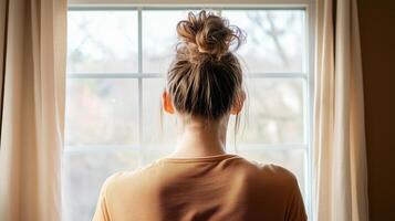Woman with messy bun looking out of a window in contemplation, reflecting on solitude and hopefulness. Introspective moment concept photo